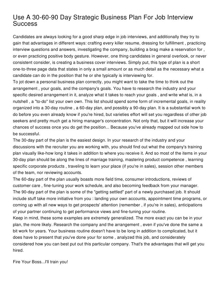 90 Day Business Plan Template for Interview Use A 30 60 90 Day Strategic Business Plan for Job