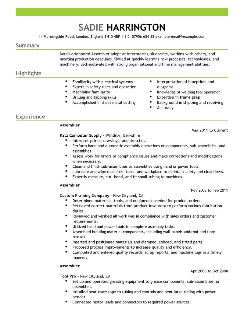 Assembler Resume Samples Best assembler Resume Example Livecareer