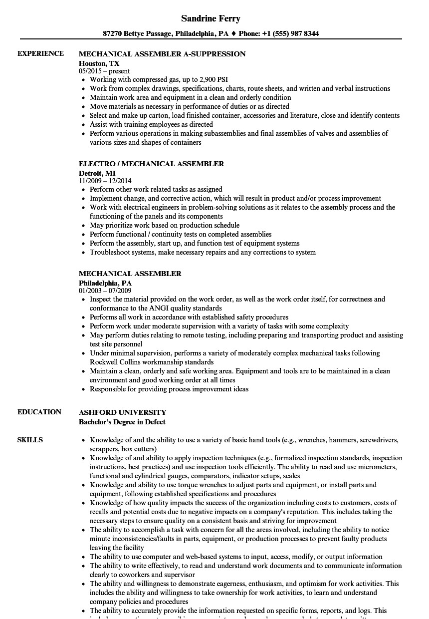 mechanical assembler resume sample