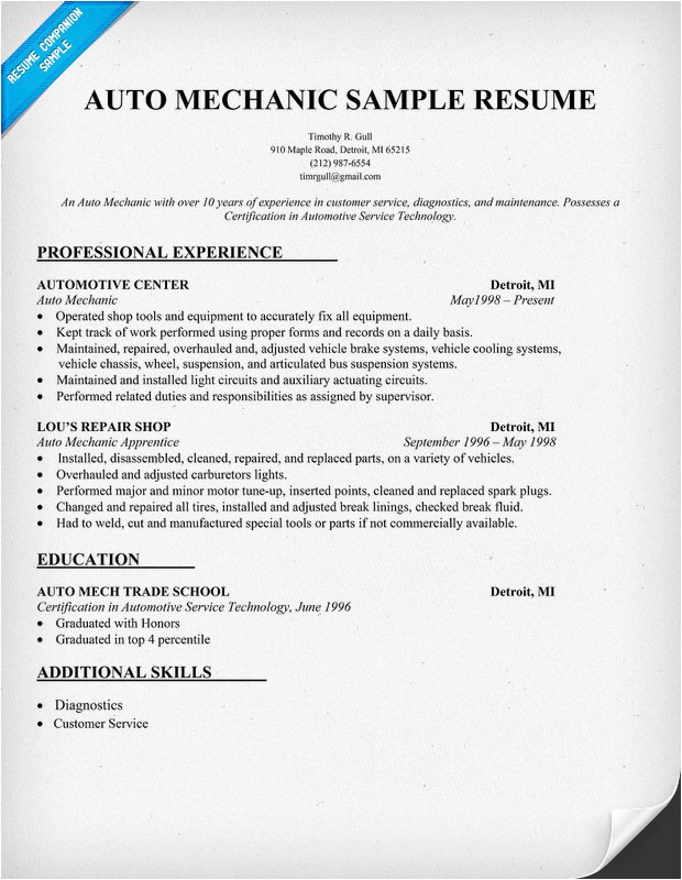 auto mechanic resume