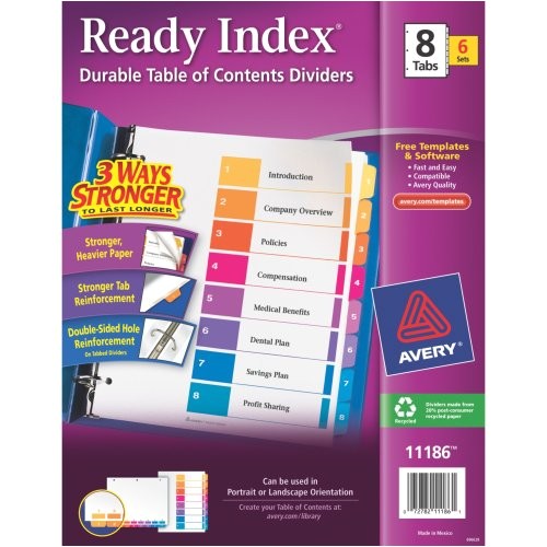 buy price avery ready index table of contents dividers 8 tab multi color 6 sets 11186 for sale