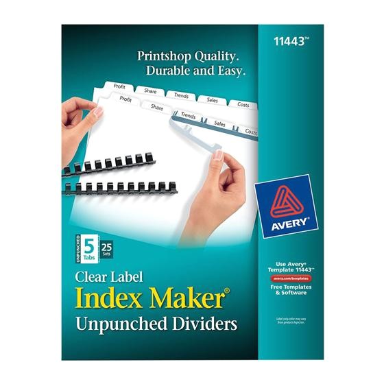 avery 11443 clear label index maker unpunched dividers white 5 tab box of 25 sets
