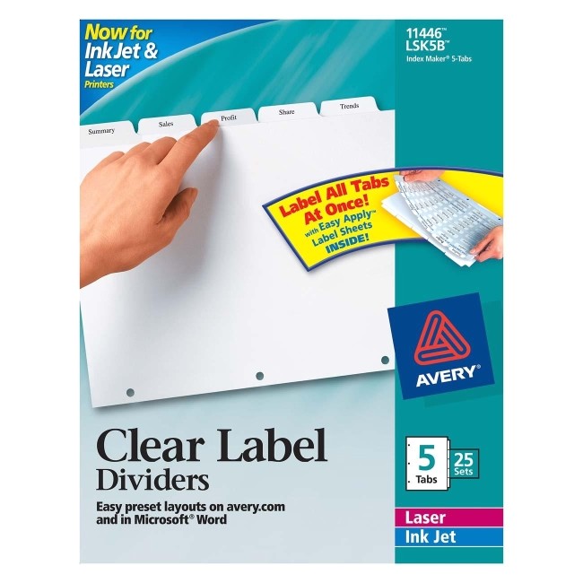 avery index maker clear label divider 5 tab 25