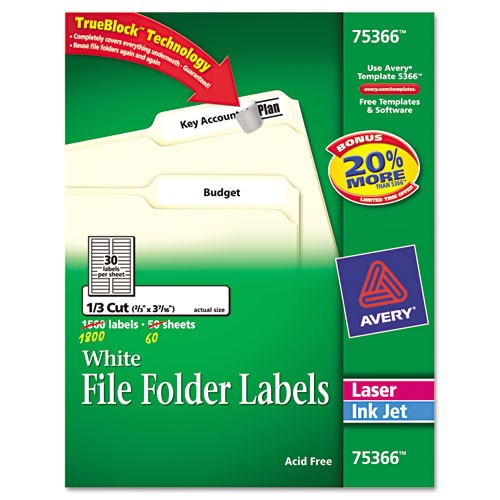 permanent file folder labels trueblock inkjetlaser white 1800box ave75366