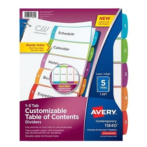 avery ready index customizable table of contents multicolor 1 5 tab preprinted dividers 1 set