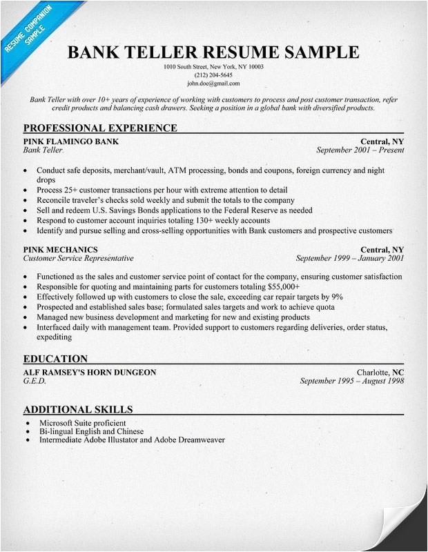 resume sample for teller position