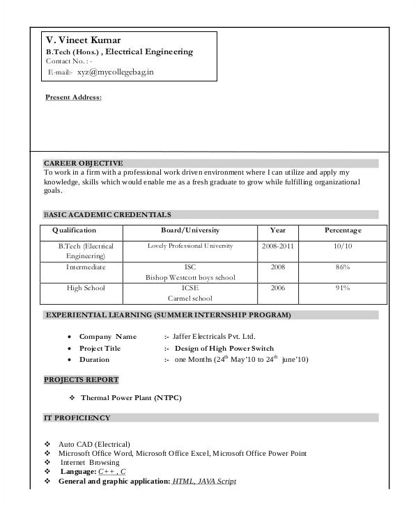 engineering resume format for freshers