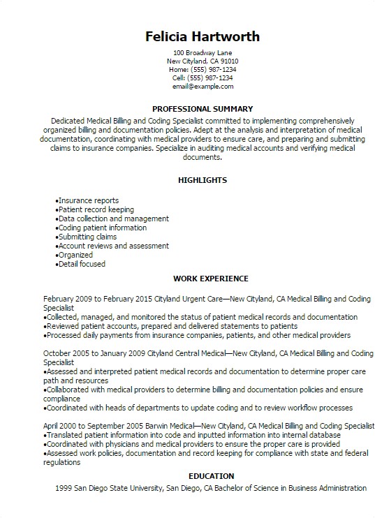 medical billing and coding specialist resume