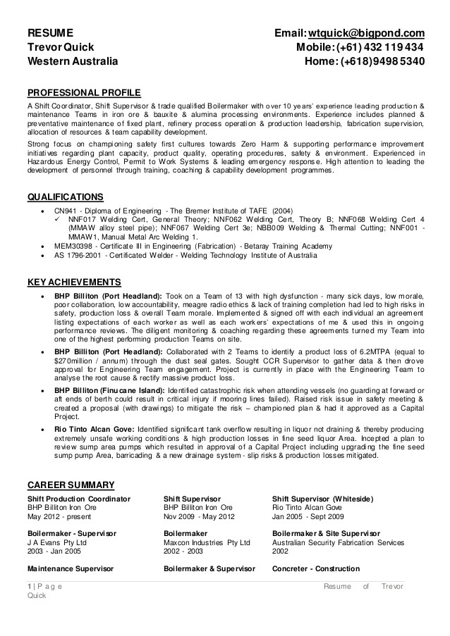 boilermaker resume