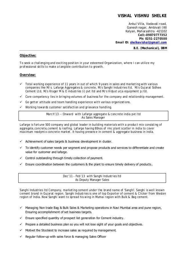 Building Material Sales Resume Sample Vishal Shelke Cv Sales Professional In Building