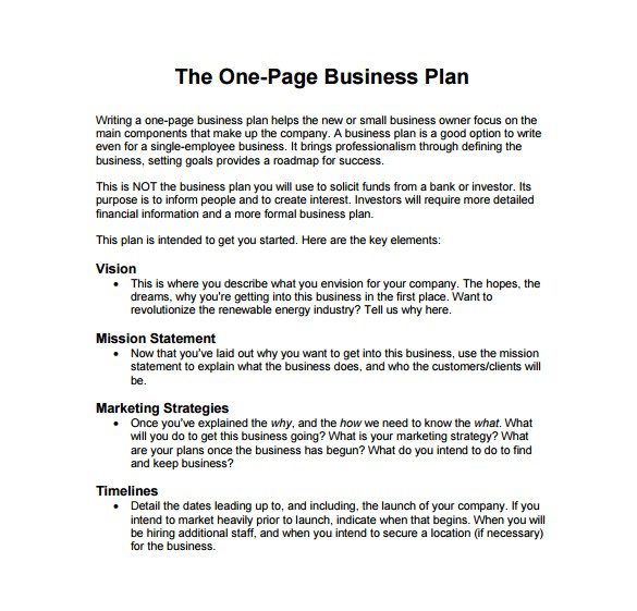 one page business plan example pdf template free download