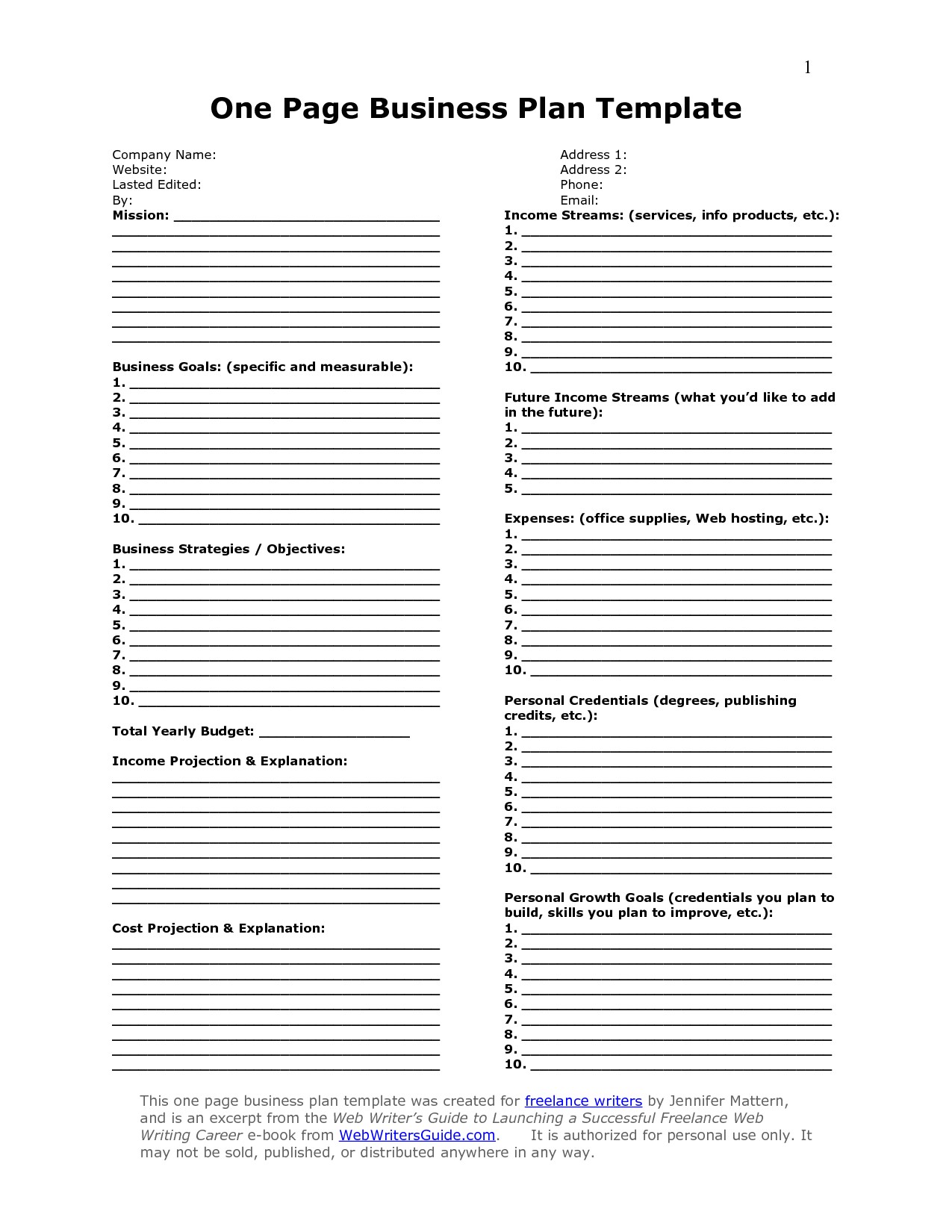 one page business plan template 311