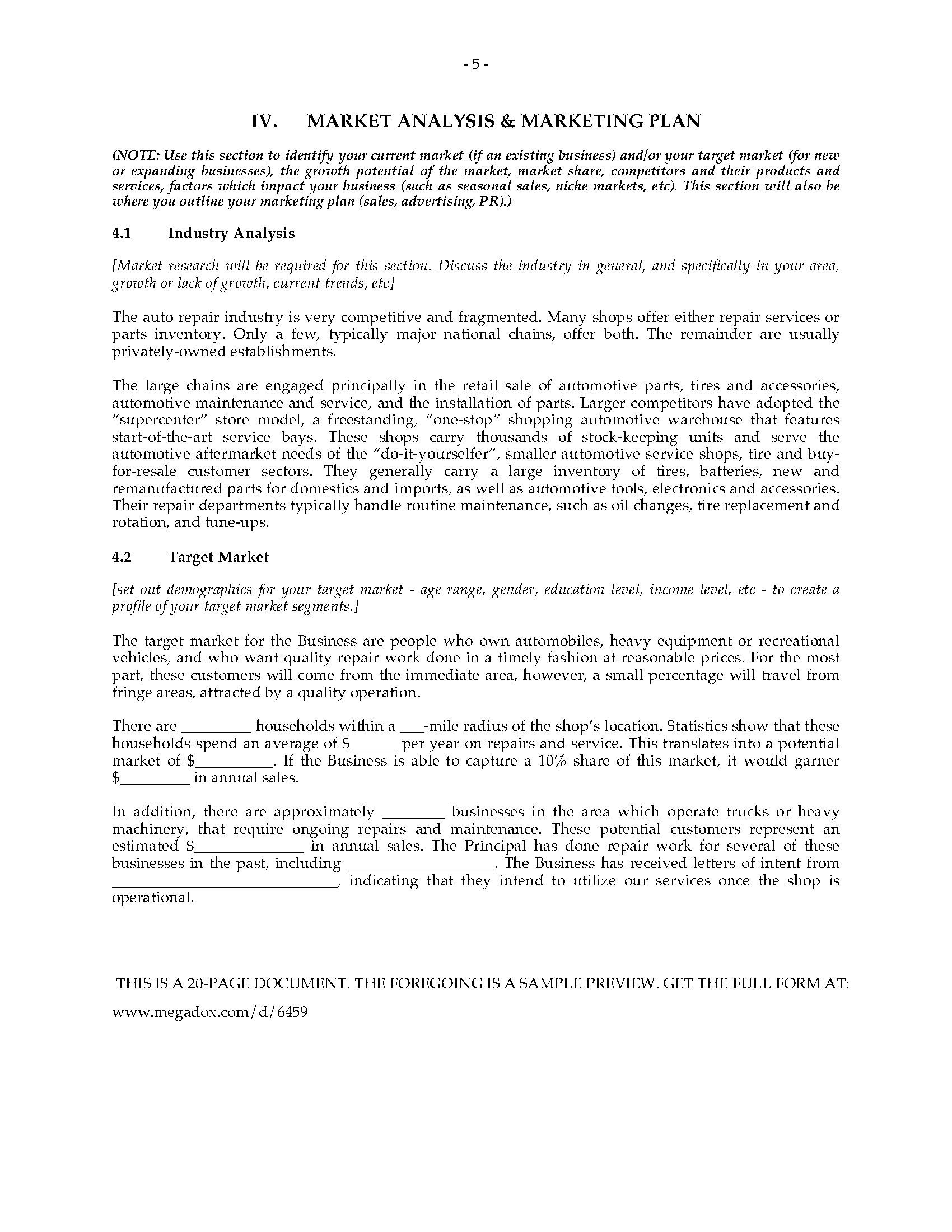 Business Plan Template for Auto Repair Shop Garage and Auto Repair Shop Business Plan Legal forms