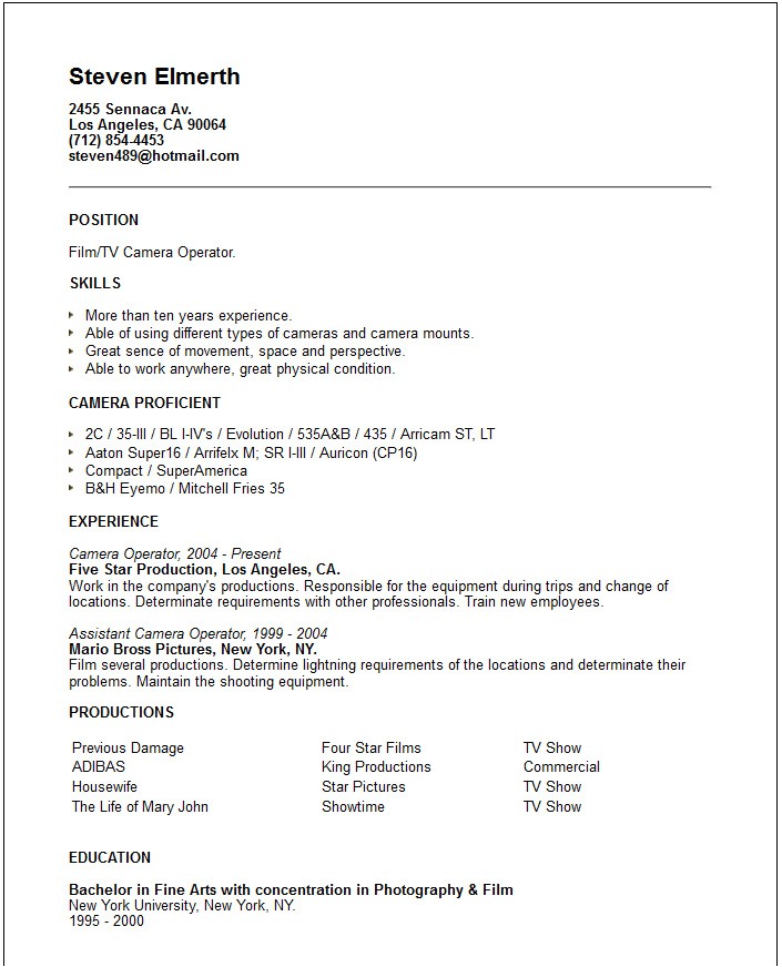 Camera Operator Resume Sample Media Arts Resume Examples