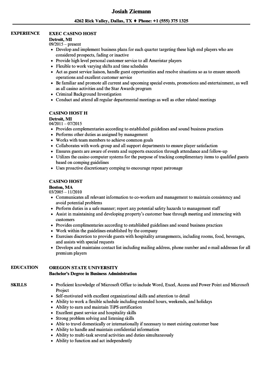 Casino Host Resume Sample Casino Host Resume Samples Velvet Jobs