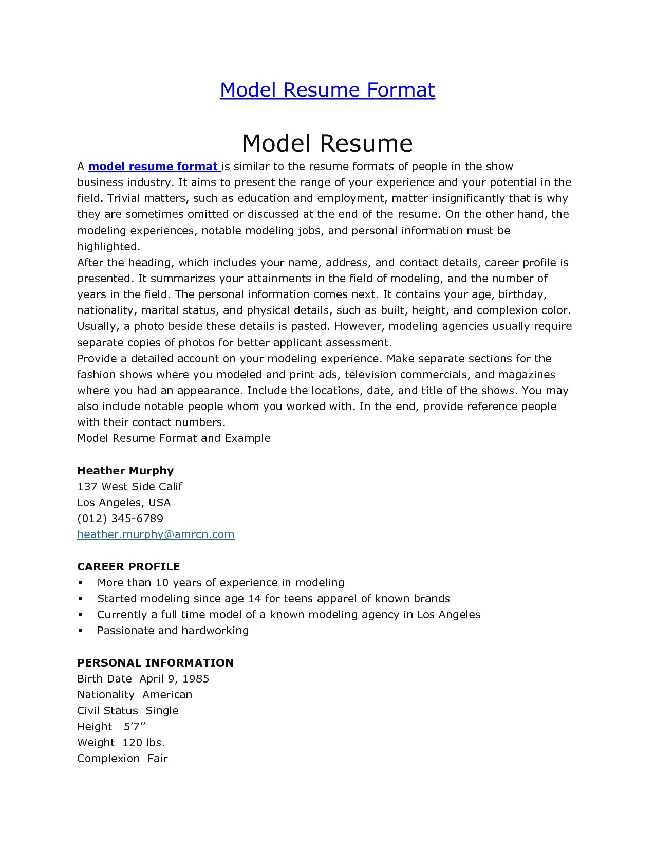 model resume template
