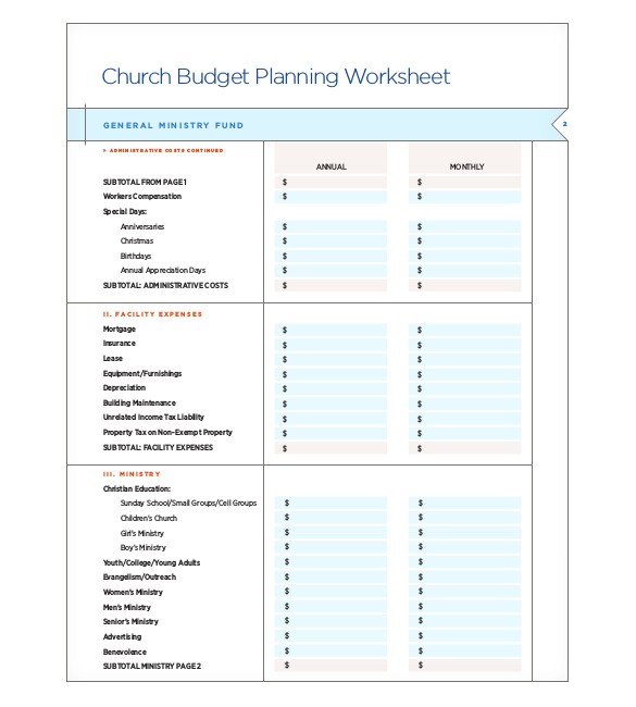 sample church budget