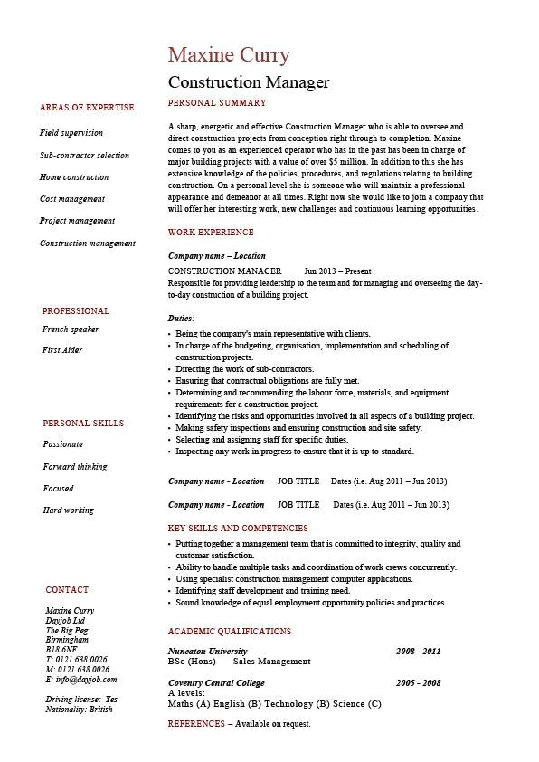 construction manager cv template 619