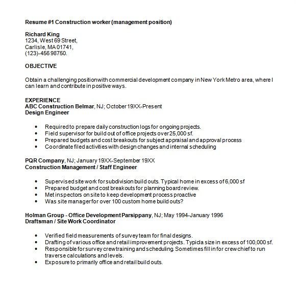 Construction Resume Template Word Sample Construction Resume 5 Documents In Pdf Word