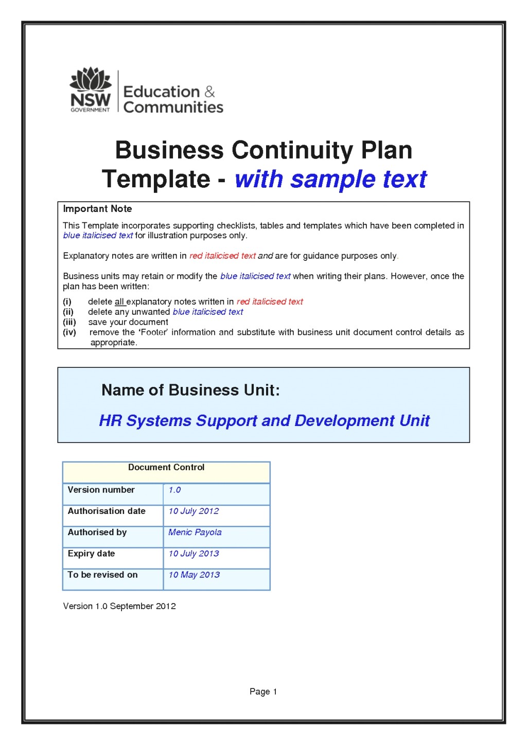 business continuity plan template