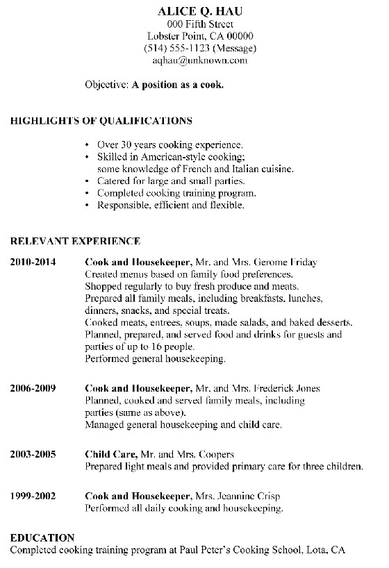 cook sample resume