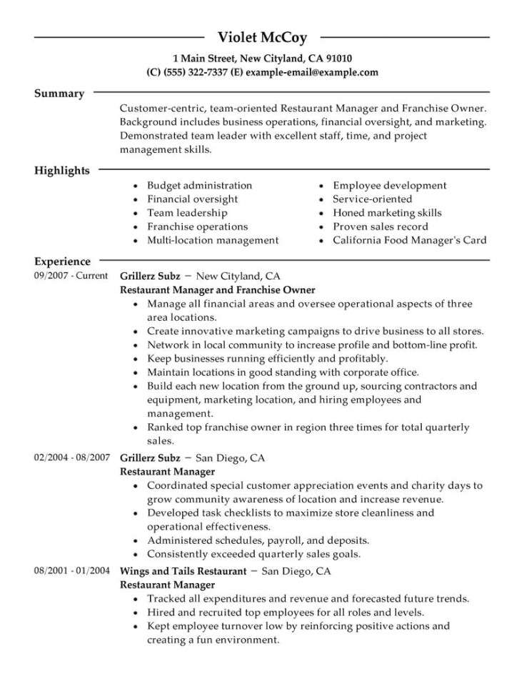 fast food manager resume