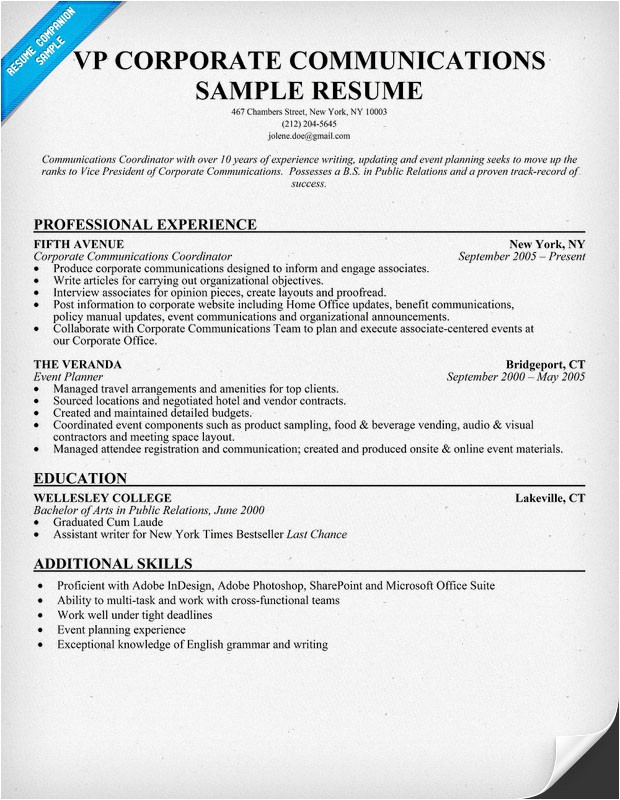 corporate communication resume sample
