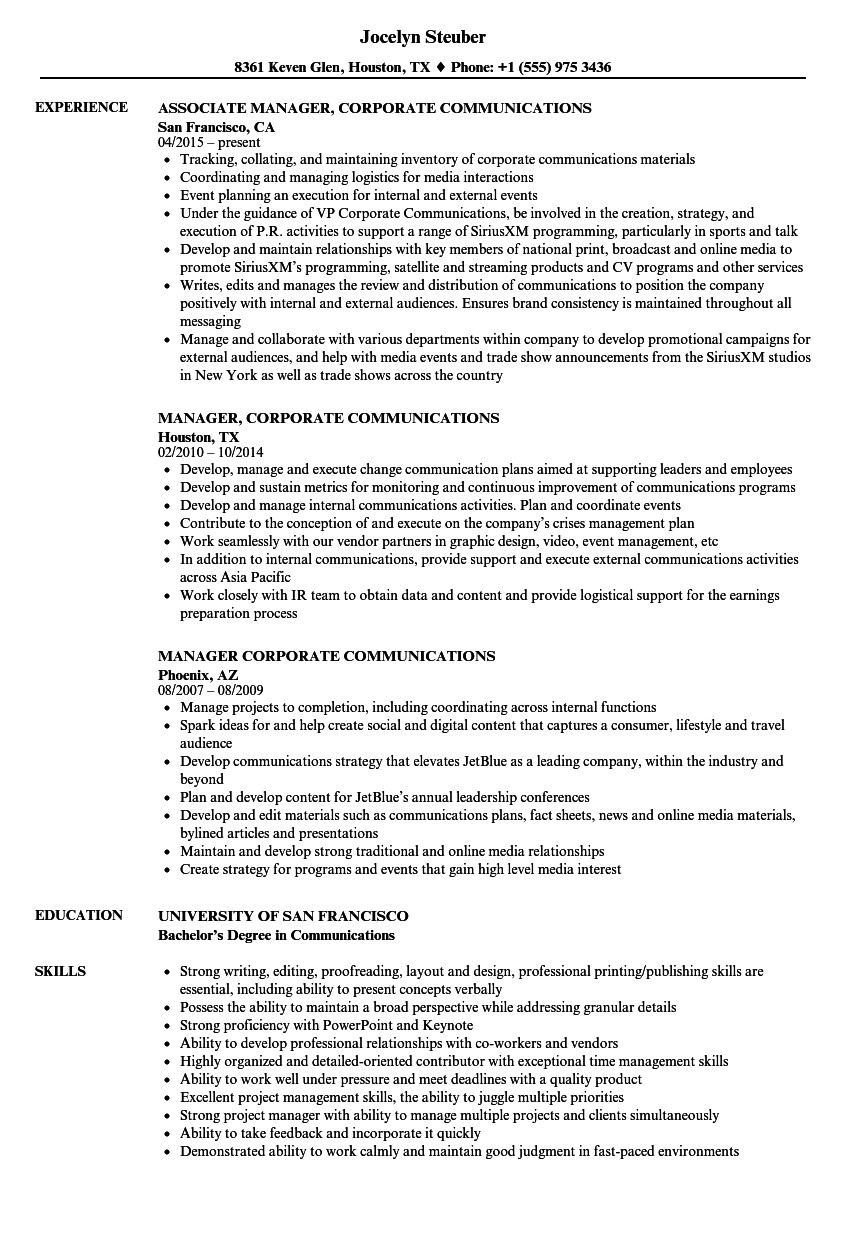 manager corporate communications resume sample