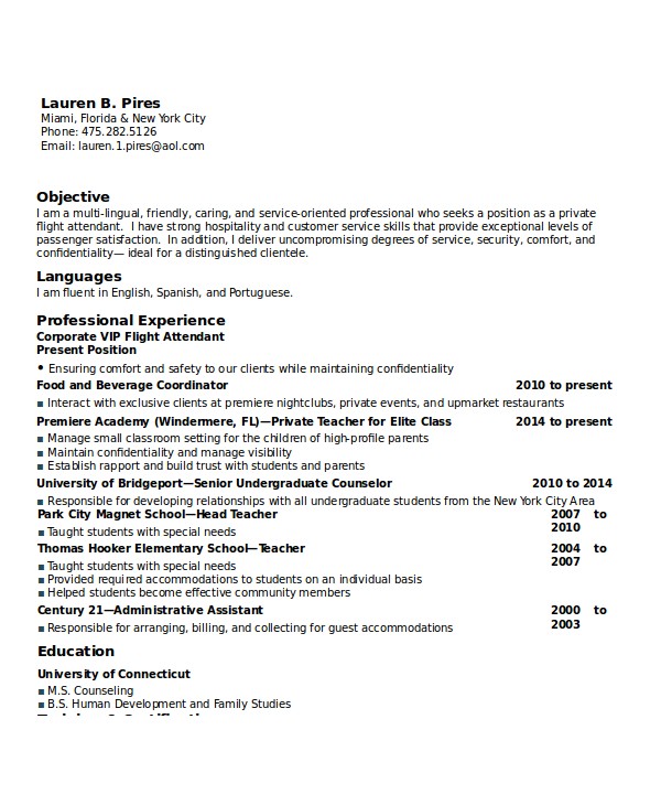 Corporate Flight attendant Resume Template 5 Flight attendant Resume Templates Free Word Pdf