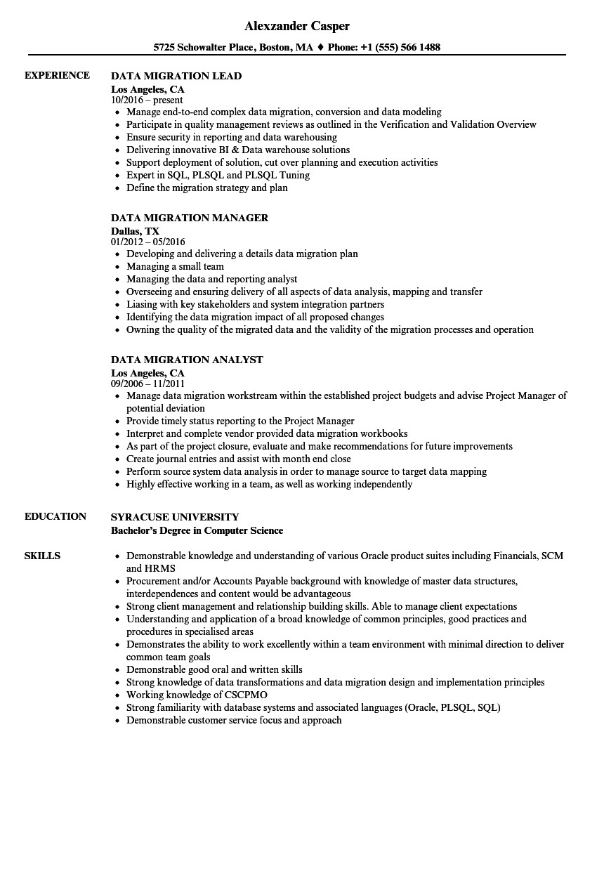 Data Migration Resume Sample Data Migration Resume Samples Velvet Jobs