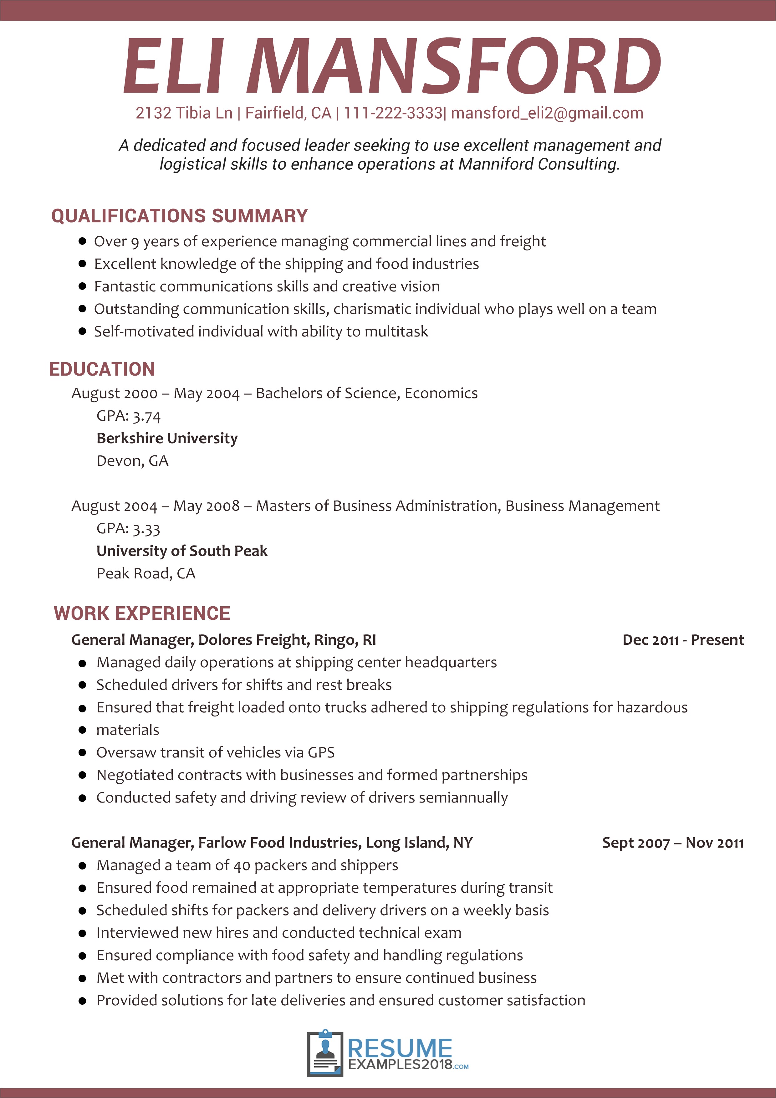 management resume examples 2018
