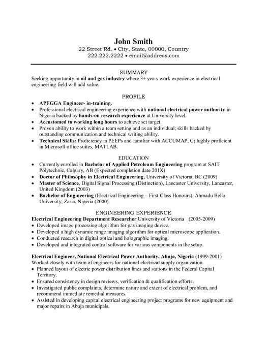 sample resume for experienced electrical engineer