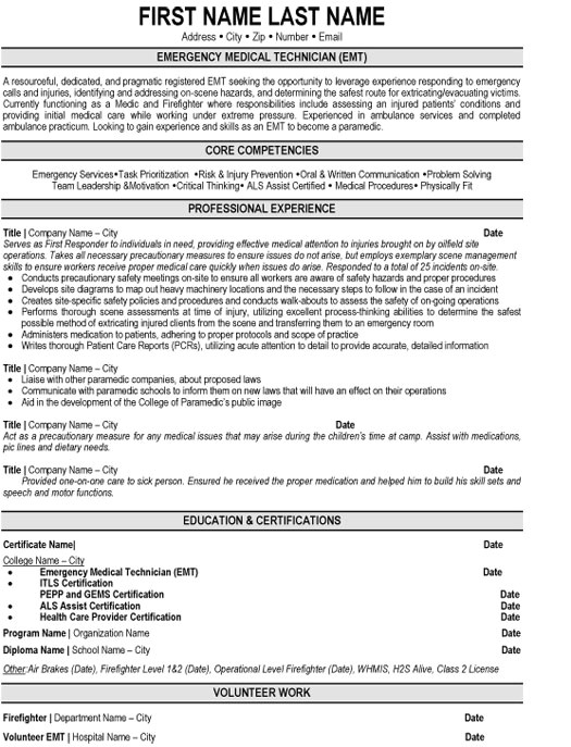 emergency medical technician resume sample