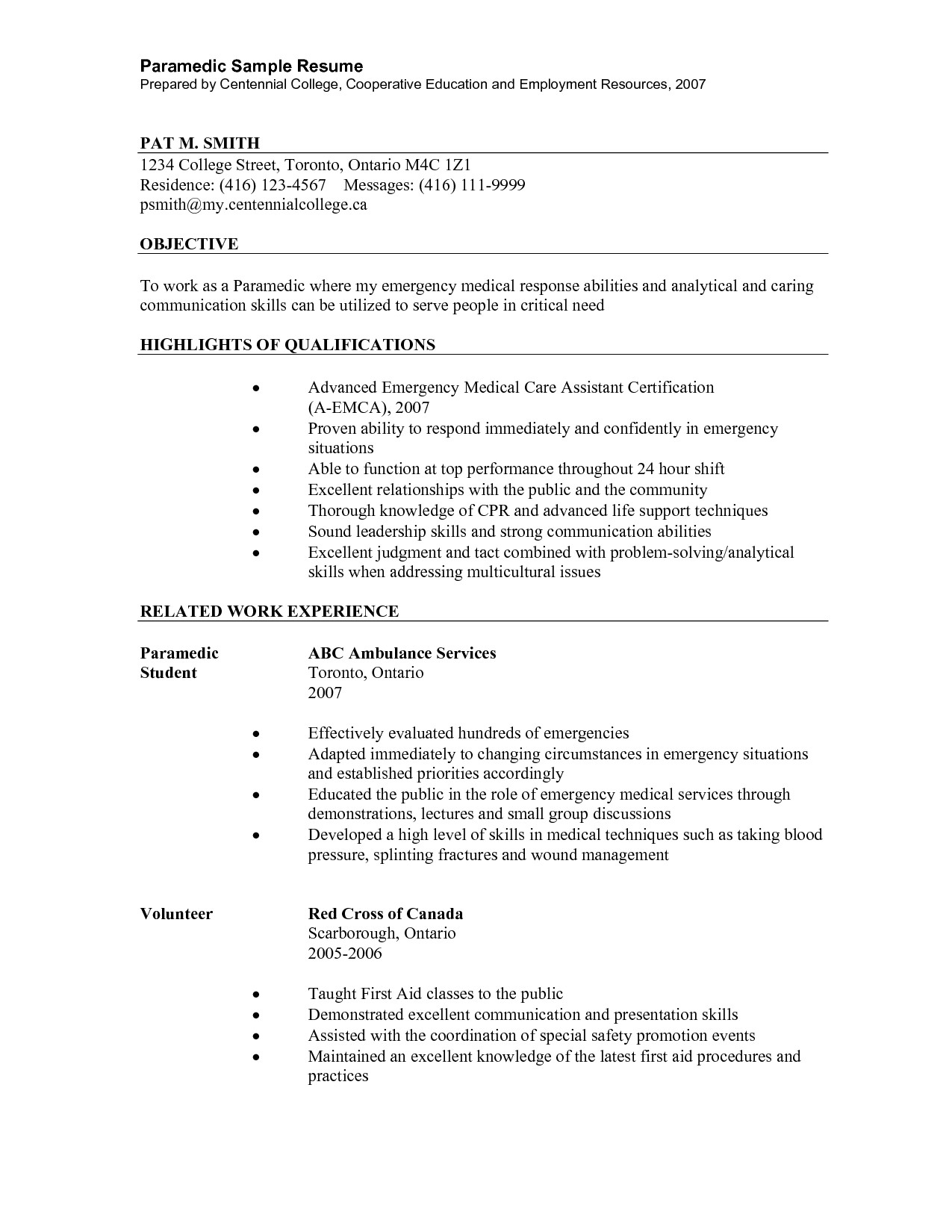 emt resume sample