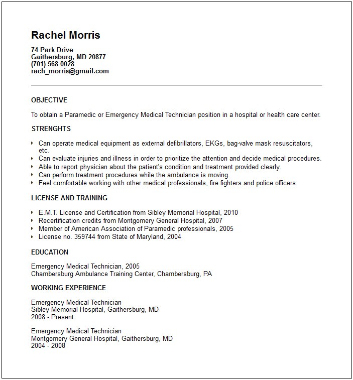 Emergency Medical Technician Resume Template Nursing Medical Resume Examples