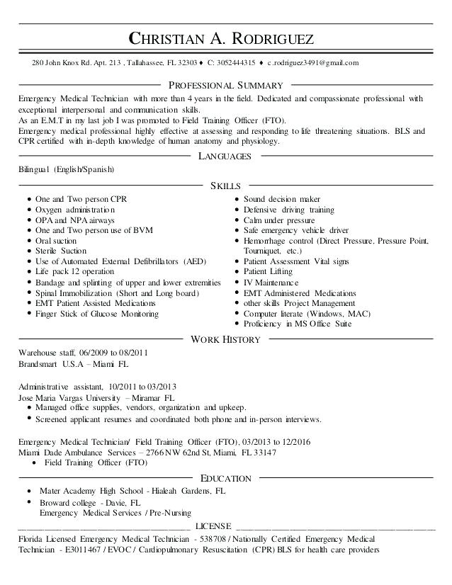 resume template emergency medical technician