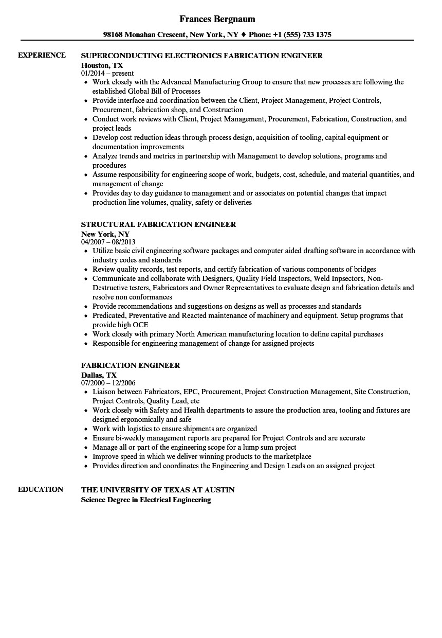 Fabrication Engineer Resume Sample Fabrication Engineer Resume Samples Velvet Jobs