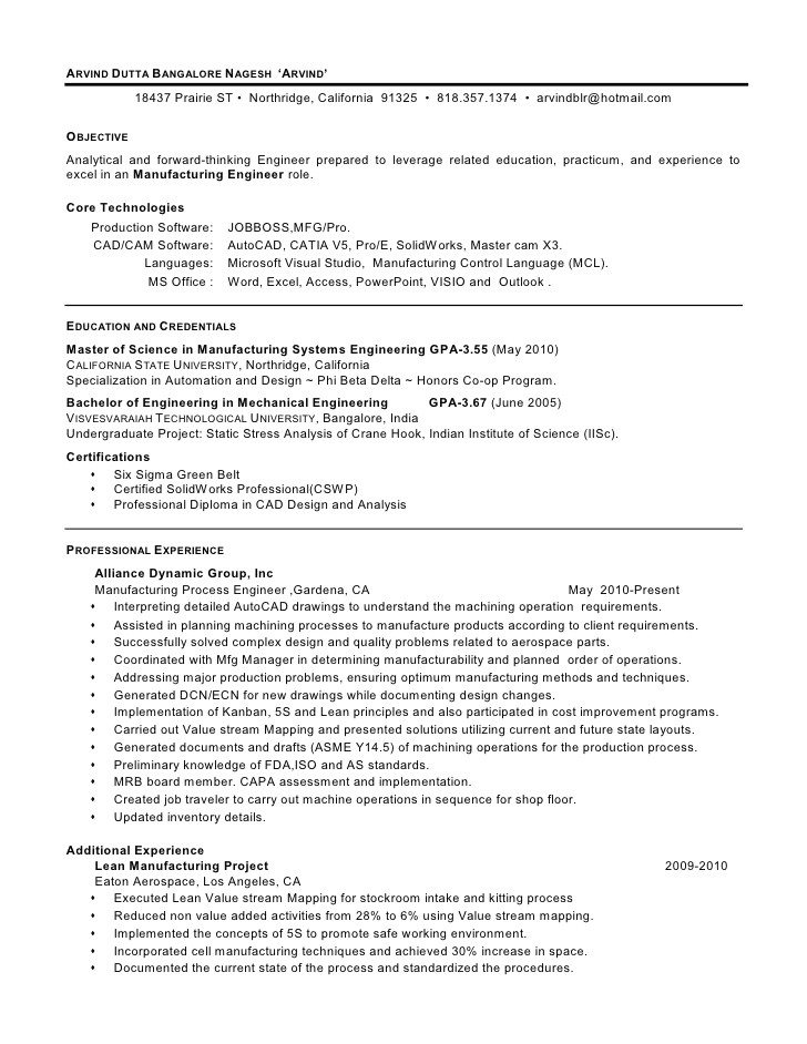 manufacturing engineer resume
