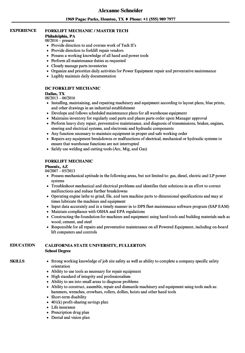 Forklift Mechanic Resume Sample forklift Mechanic Resume Samples Velvet Jobs