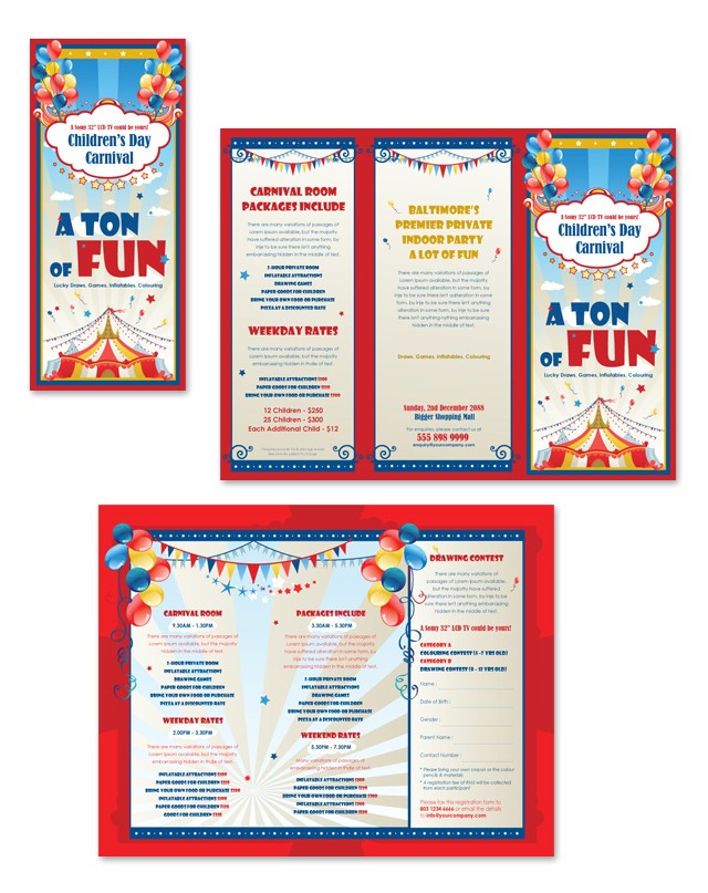 kids carnival day tri fold brochure template