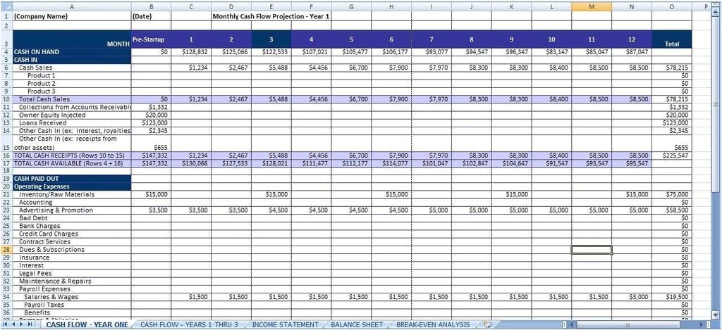 business plan excel spreadsheet