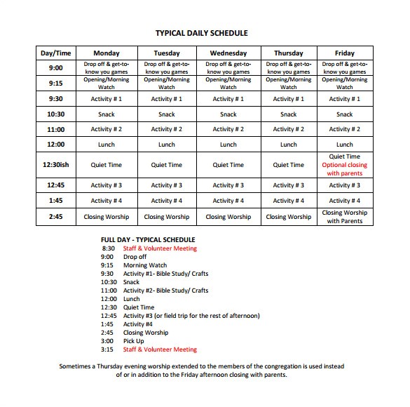 camp schedule template