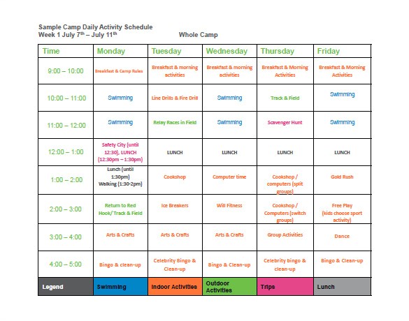 sample camp schedule
