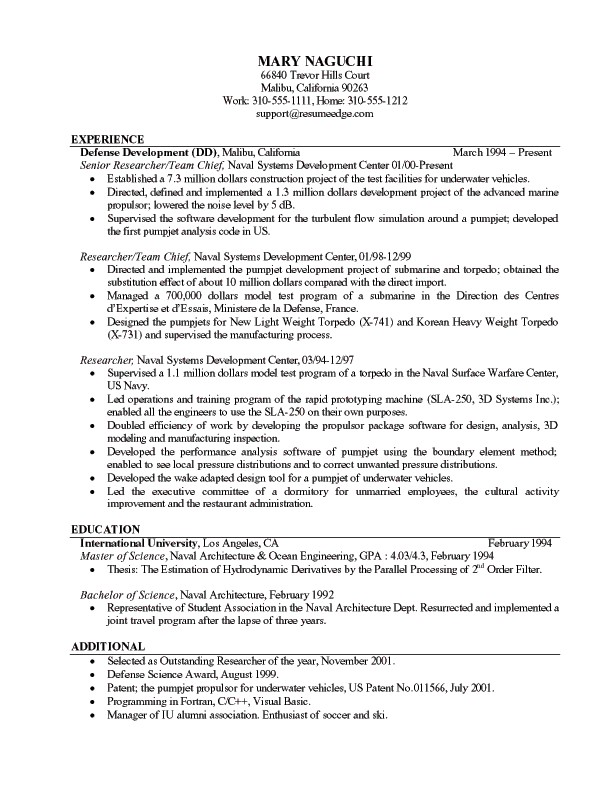 free examples of resumes