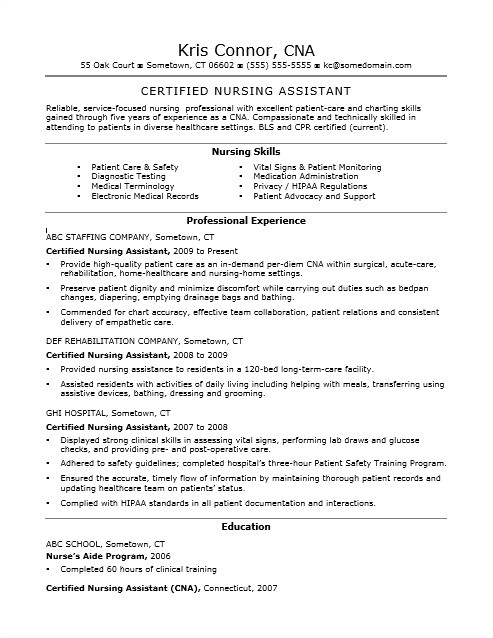 cna certified nursing assistant resume sample