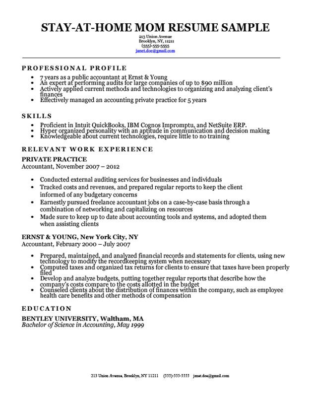 stay at home mom resume sample