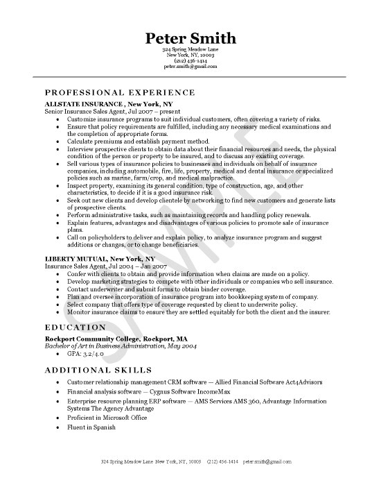 insurance agent resume example