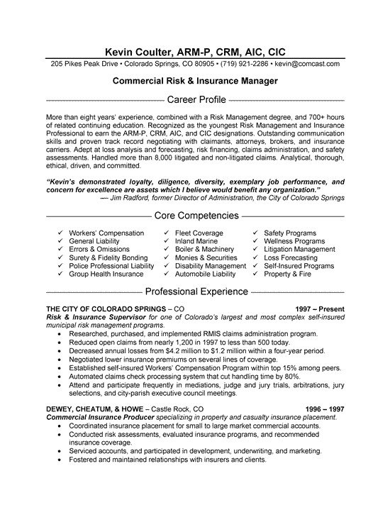 insurance manager resume example