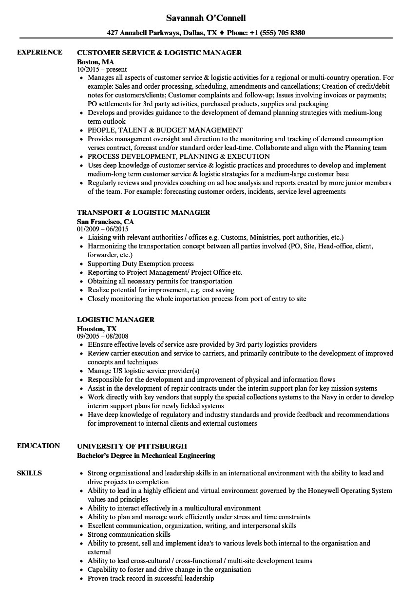 logistic manager resume sample