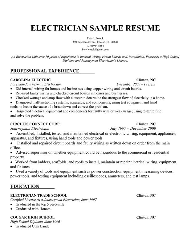 Master Electrician Resume Template Electrician Resume Sample Interview Ready Pinterest